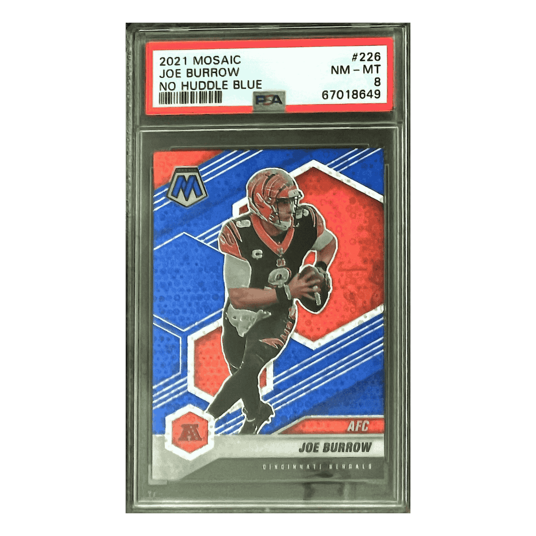 Joe Burrow PSA 8 2021 Panini Mosaic No Huddle Blue #d/75 Card #226
