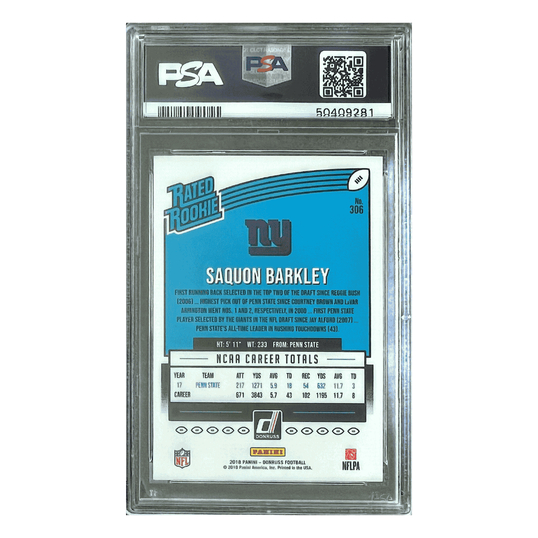 Saquon Barkley PSA 10 2018 Panini Donruss Rated Rookie Card #306
