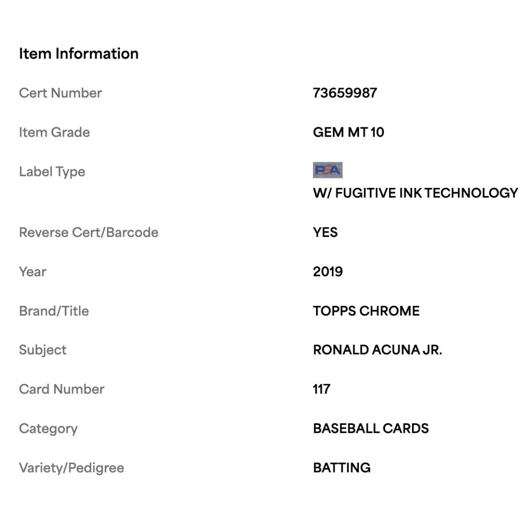 Ronald Acuna Jr PSA 10 2019 Topps Chrome Batting Card #117