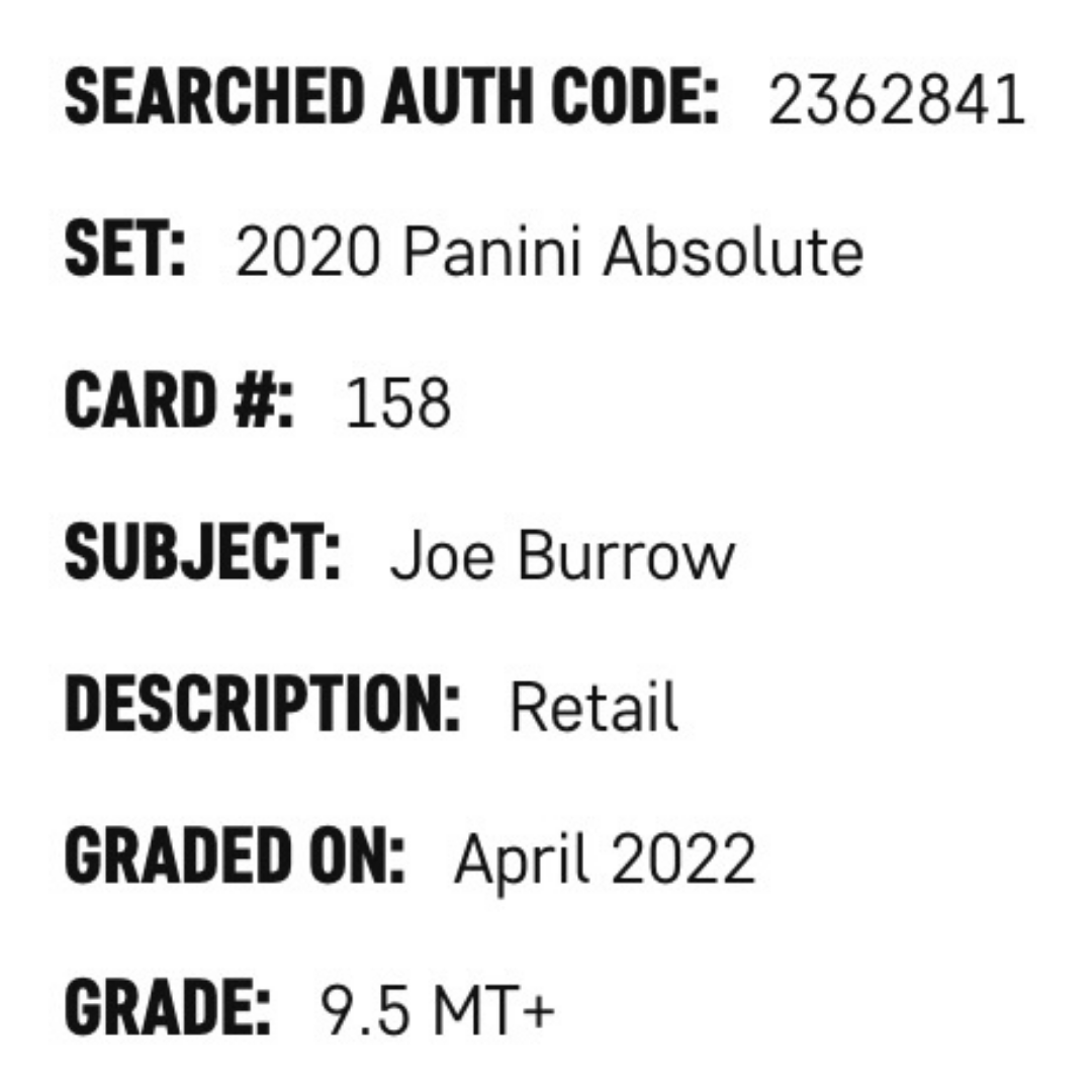 Joe Burrow SGC 9.5 2020 Panini Absolute Retail Card #158
