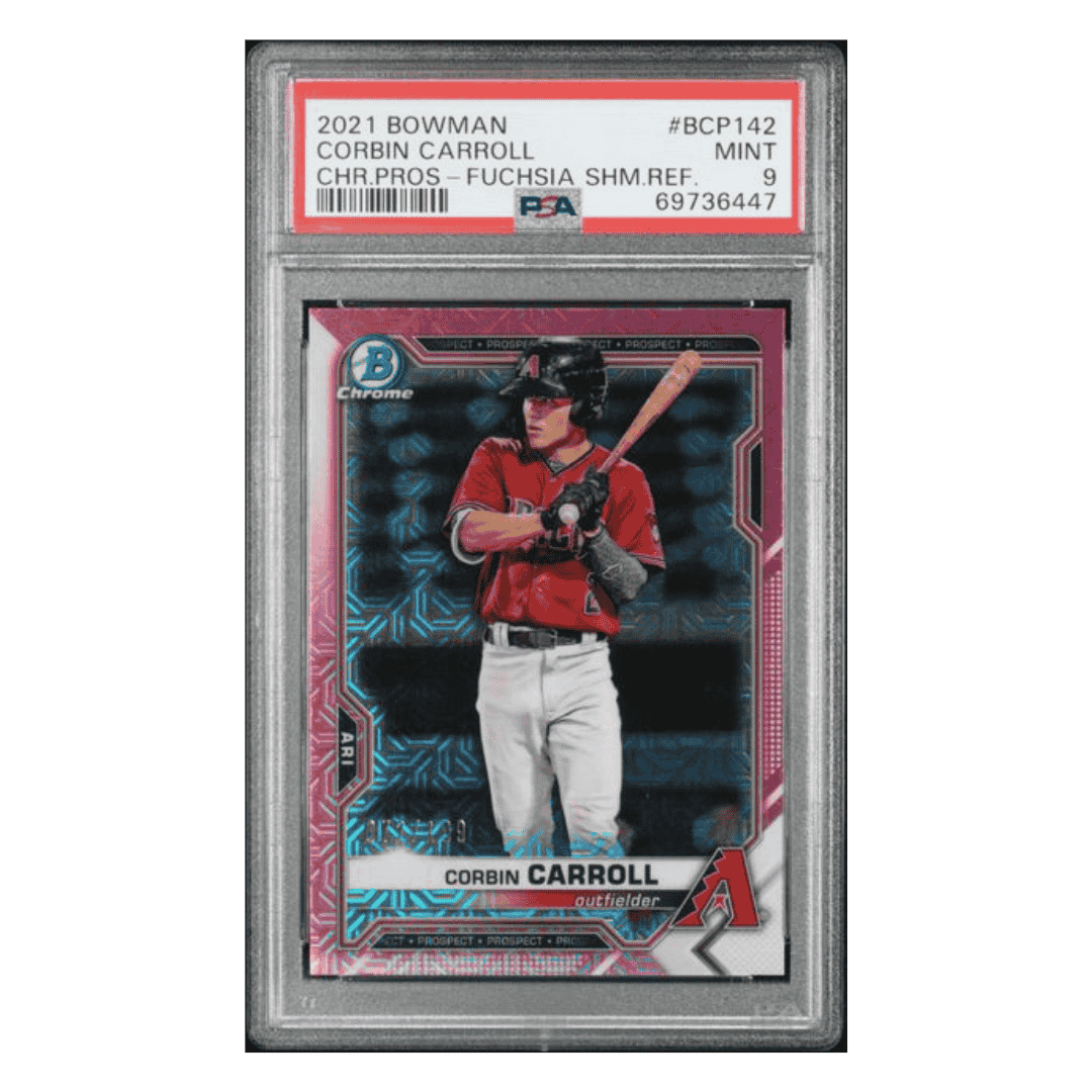 Corbin Carroll PSA 9 2021 Bowman Chrome Prospects Fuchsia Shimmer Refractor Card #BCP142