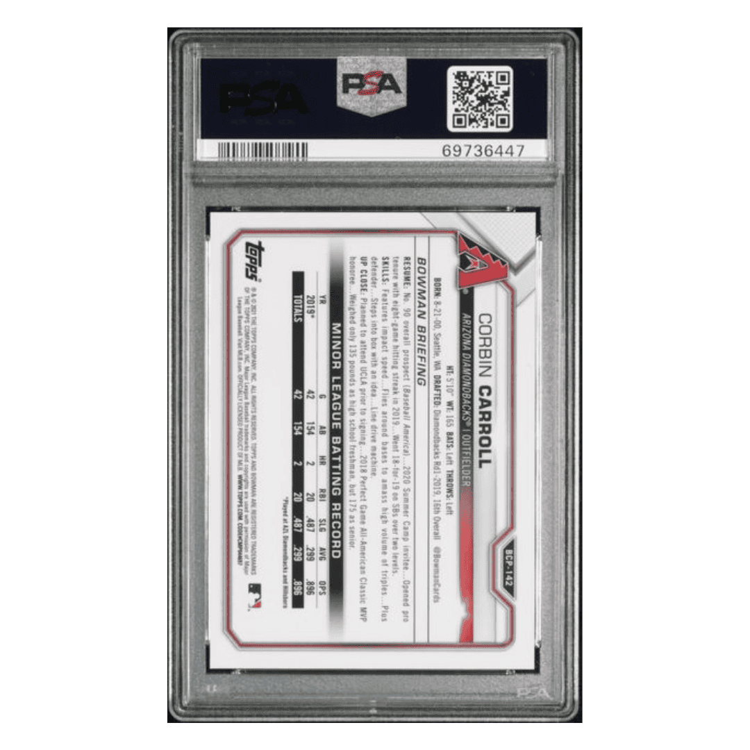 Corbin Carroll PSA 9 2021 Bowman Chrome Prospects Fuchsia Shimmer Refractor Card #BCP142