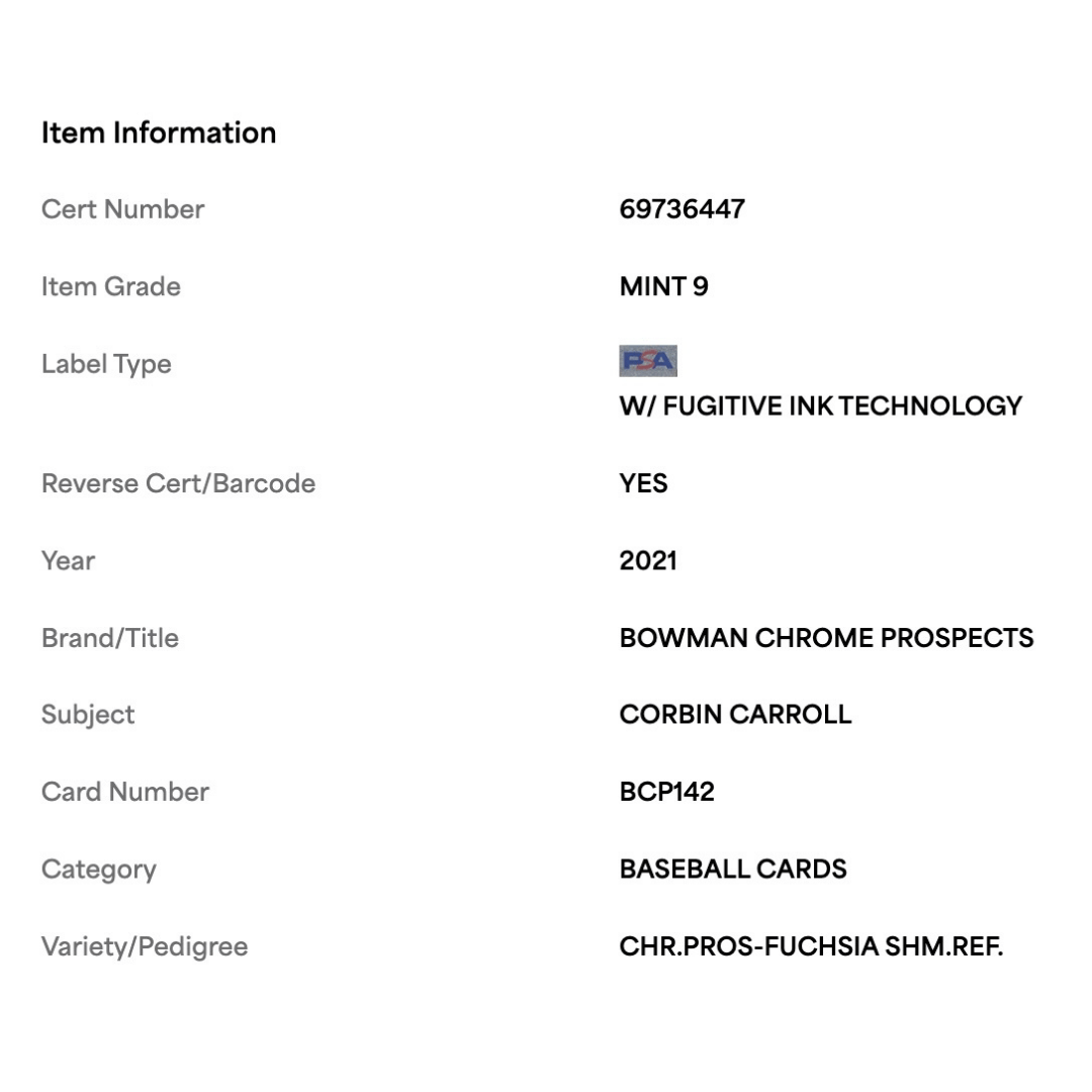 Corbin Carroll PSA 9 2021 Bowman Chrome Prospects Fuchsia Shimmer Refractor Card #BCP142