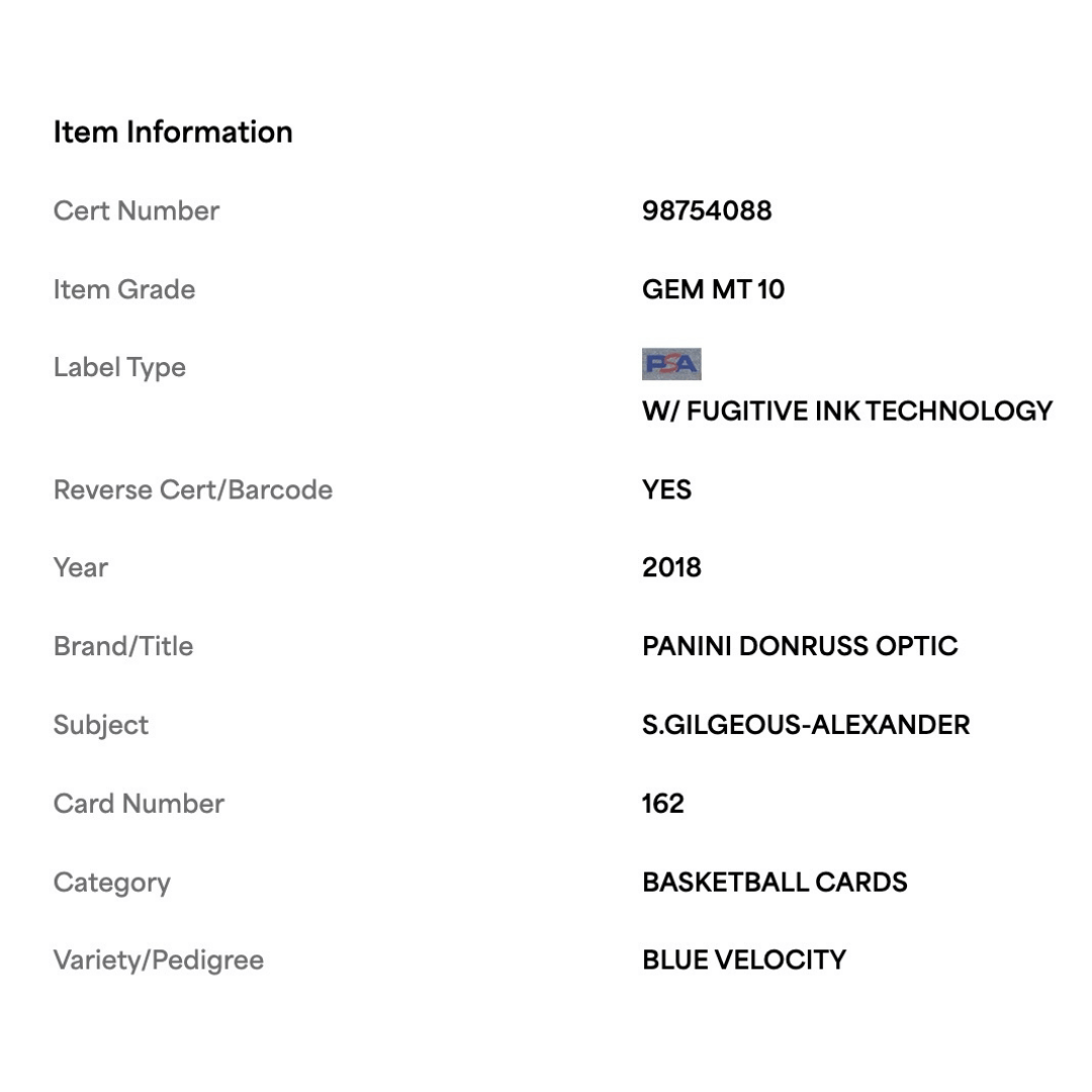 Shai Gilgeous-Alexander PSA 10 2018 Panini Donruss Optic Blue Velocity Rated Rookie Card #162