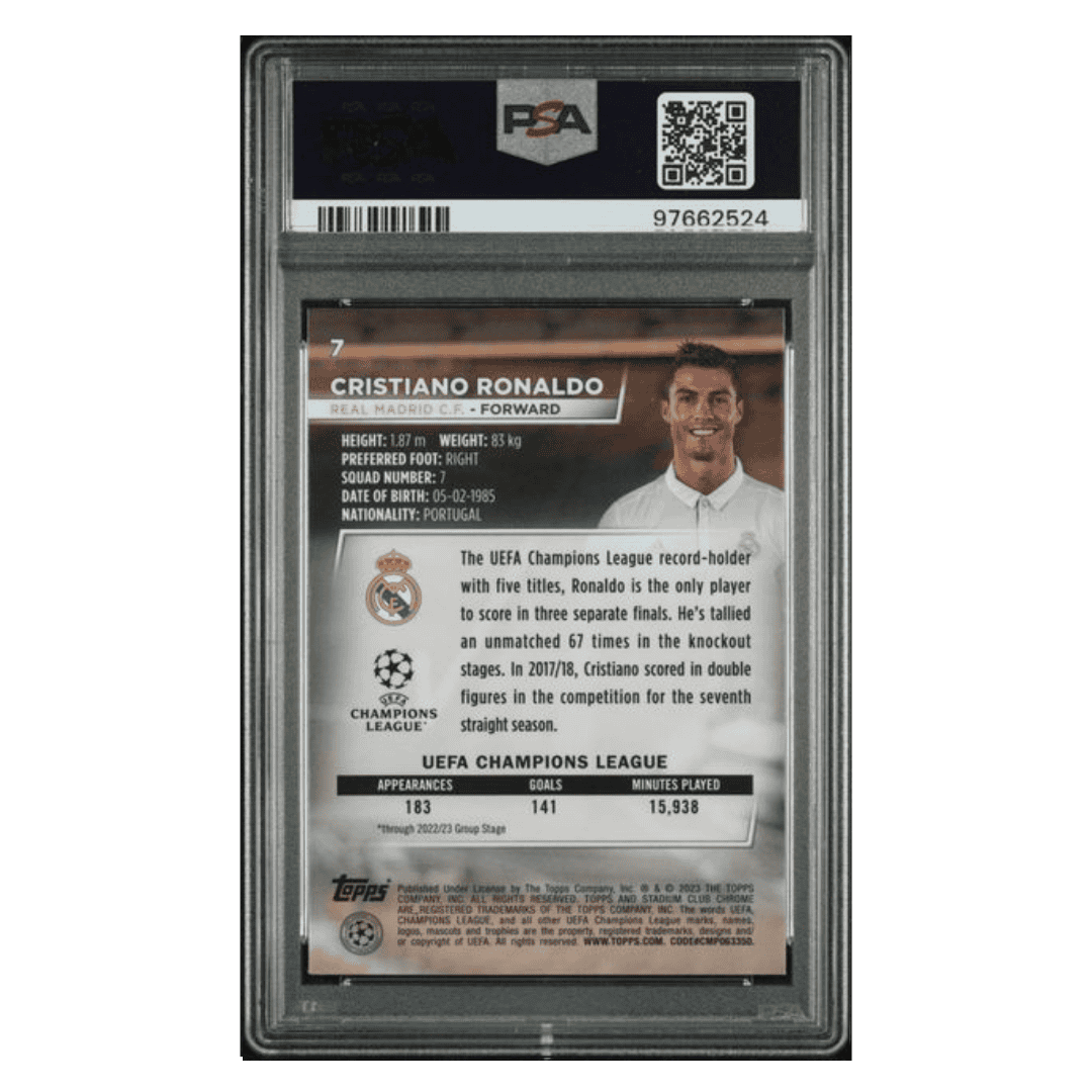 Christiano Ronaldo PSA 10 2022-23 Topps Stadium Club Chrome Blue Prism Refractor Card #7
