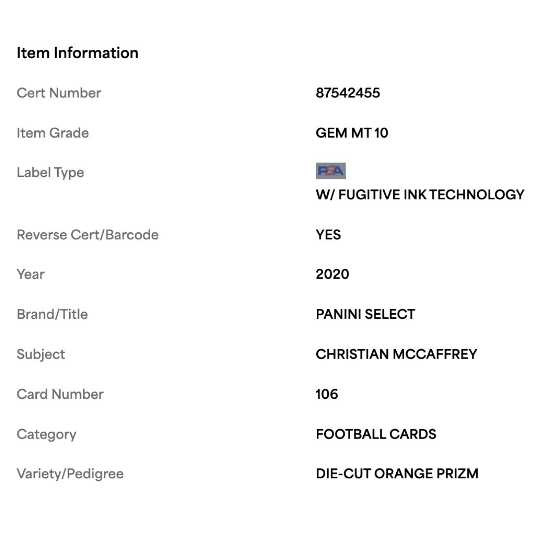 Christian McCaffrey PSA 10 2020 Panini Select Die-Cut Orange Prizm Card #106
