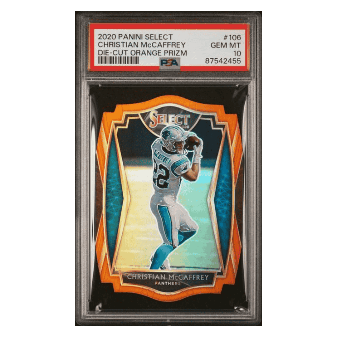 Christian McCaffrey PSA 10 2020 Panini Select Die-Cut Orange Prizm Card #106