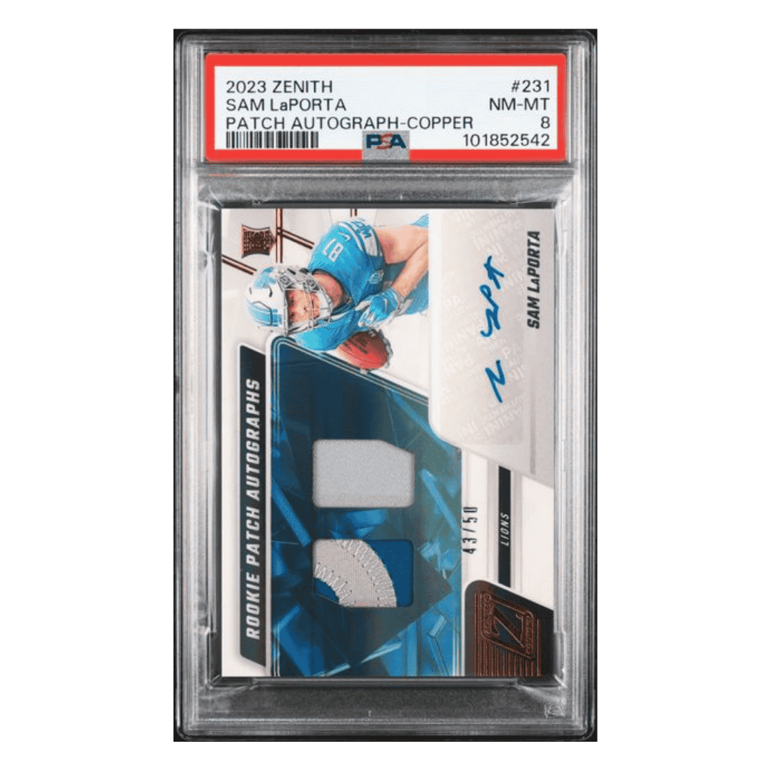 Sam LaPorta PSA 8 2023 Panini Zenith Patch Autograph Copper Card #231