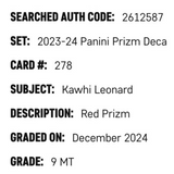 Kawhi Leonard SGC 9 2023-24 Panini Prizm Deca Red Prizm #d/199 Card #278