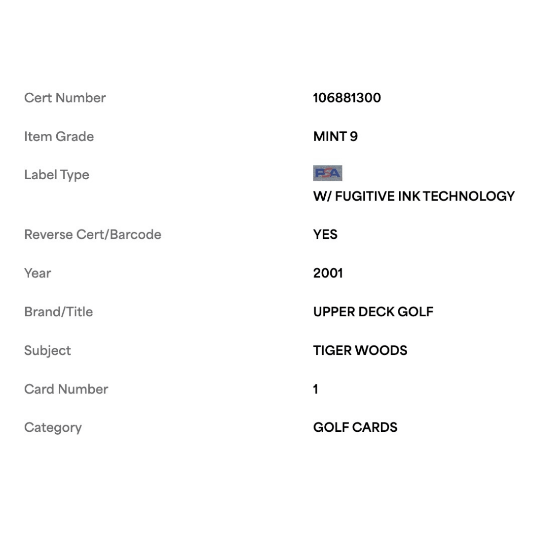 Tiger Woods PSA 9 2001 Upper Deck Golf Card #1