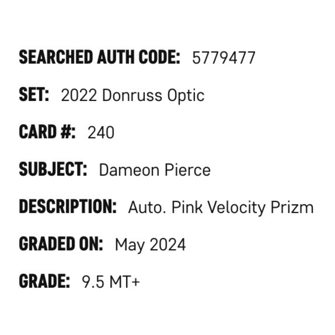 Dameon Pierce SGC 9.5 2022 Panini Donruss Optic Auto Pink Velocity Prizm Rated Rookie  #d/50 Card #240