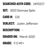 Justin Jefferson SGC 9.5 2023 Panini Donruss Optic Card #125