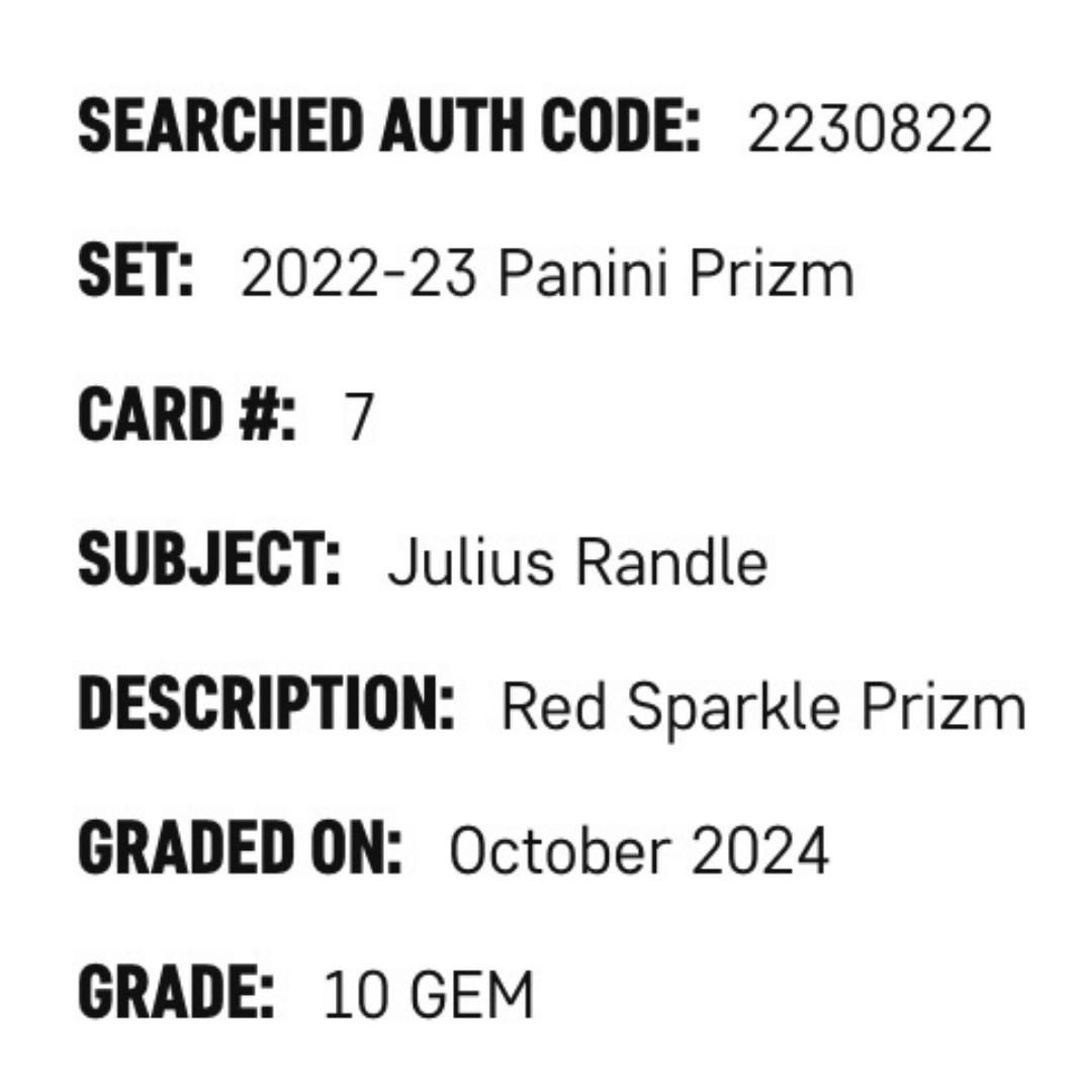 Julius Randle SGC 10 2022-23 Panini Prizm Red Sparkle Prizm Card #7