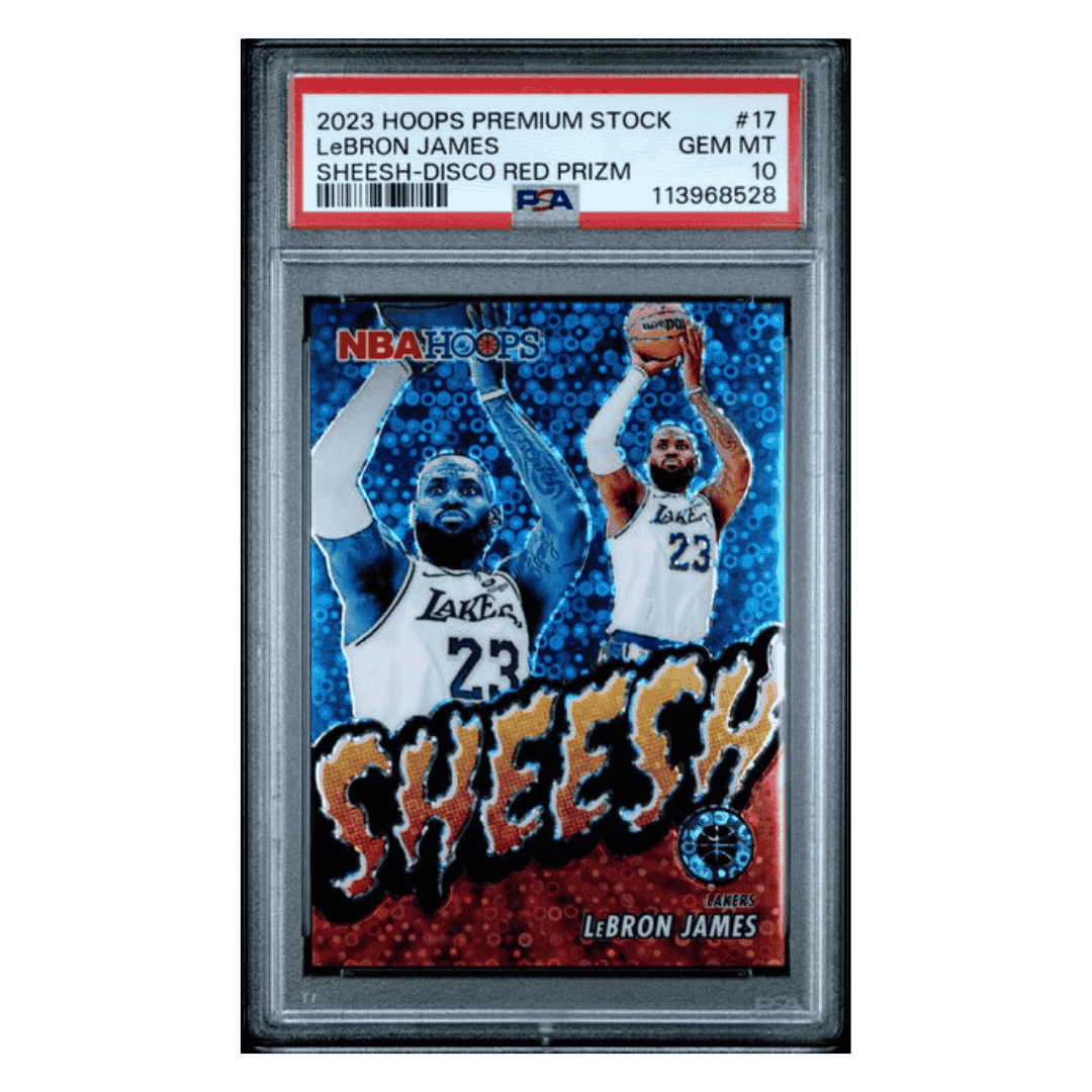 LeBron James PSA 10 2023 Panini Hoops Premium Stock Sheesh Disco Red Prizm #d/99 Card #17