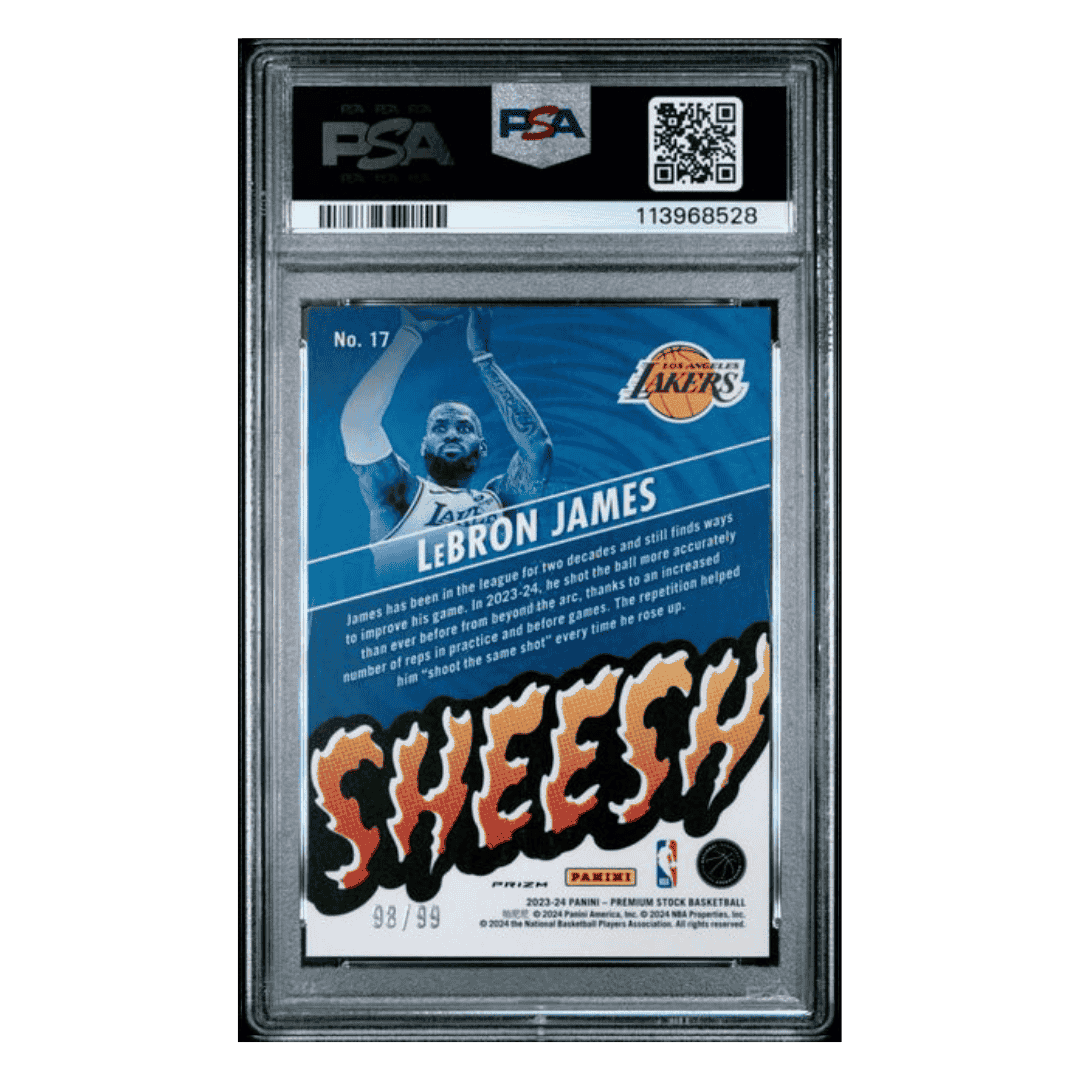 LeBron James PSA 10 2023 Panini Hoops Premium Stock Sheesh Disco Red Prizm #d/99 Card #17
