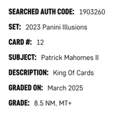 Patrick Mahomes SGC 8.5 2023 Panini Illusions King of Cards Card #12