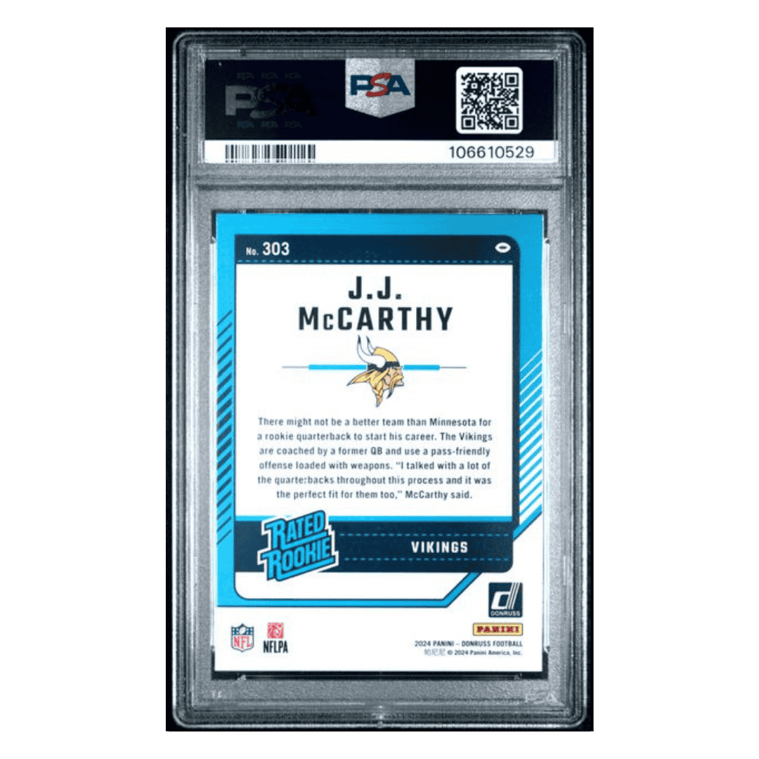 J.J. McCarthy PSA 9 2024 Panini Donruss Rated Rookie Card #303