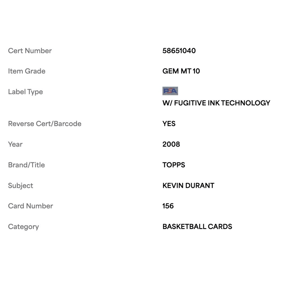 Kevin Durant PSA 10 2008 Topps Card #156