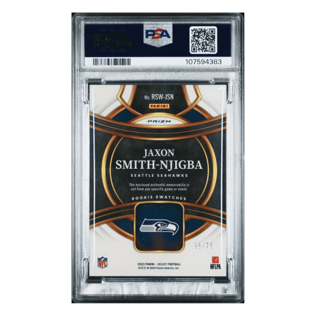 Jaxon Smith-Njigba PSA 9 2023 Panini Select Rookie Swatch White Prizm Rookie RC #d/ 75 Card #RSWJSN