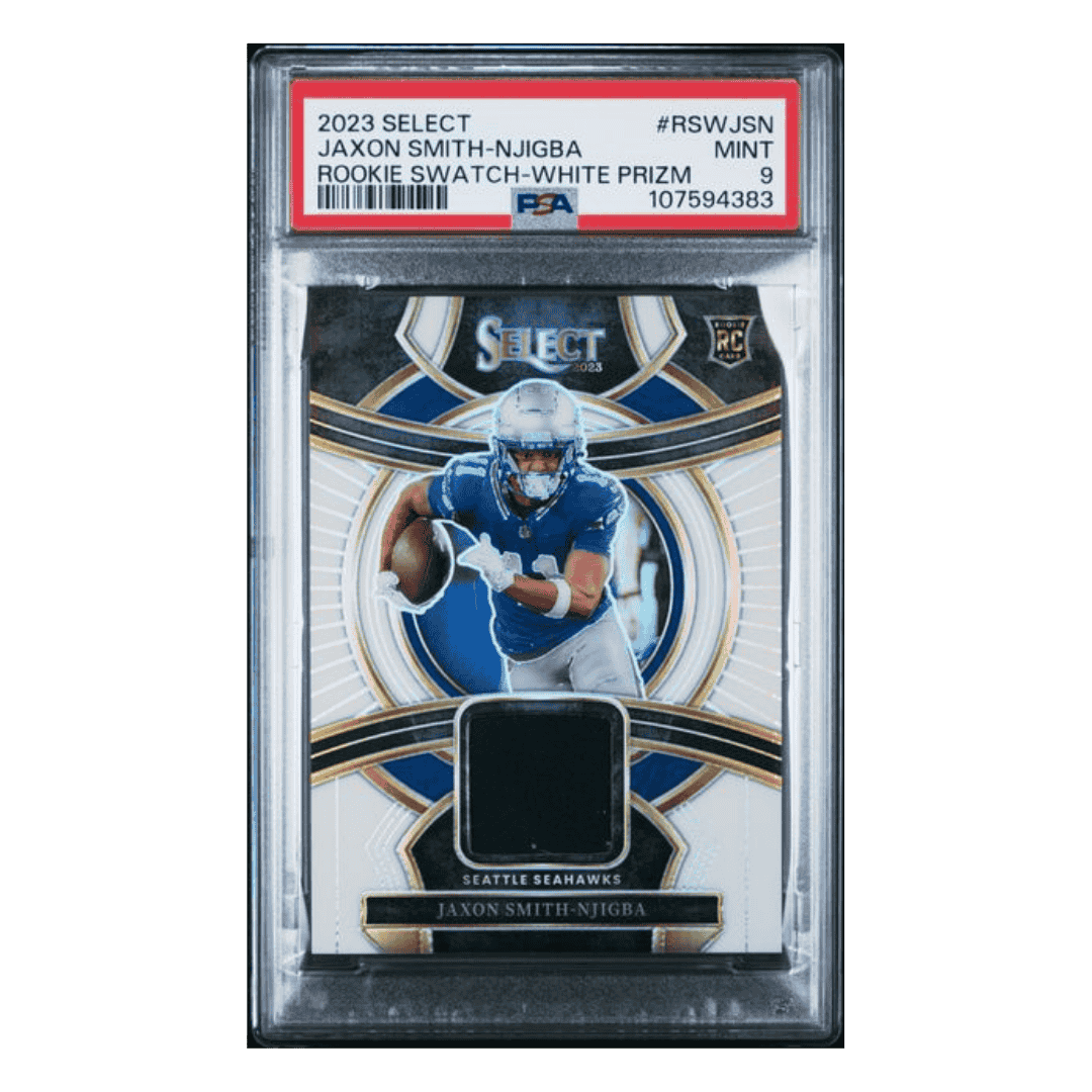 Jaxon Smith-Njigba PSA 9 2023 Panini Select Rookie Swatch White Prizm Rookie RC #d/ 75 Card #RSWJSN