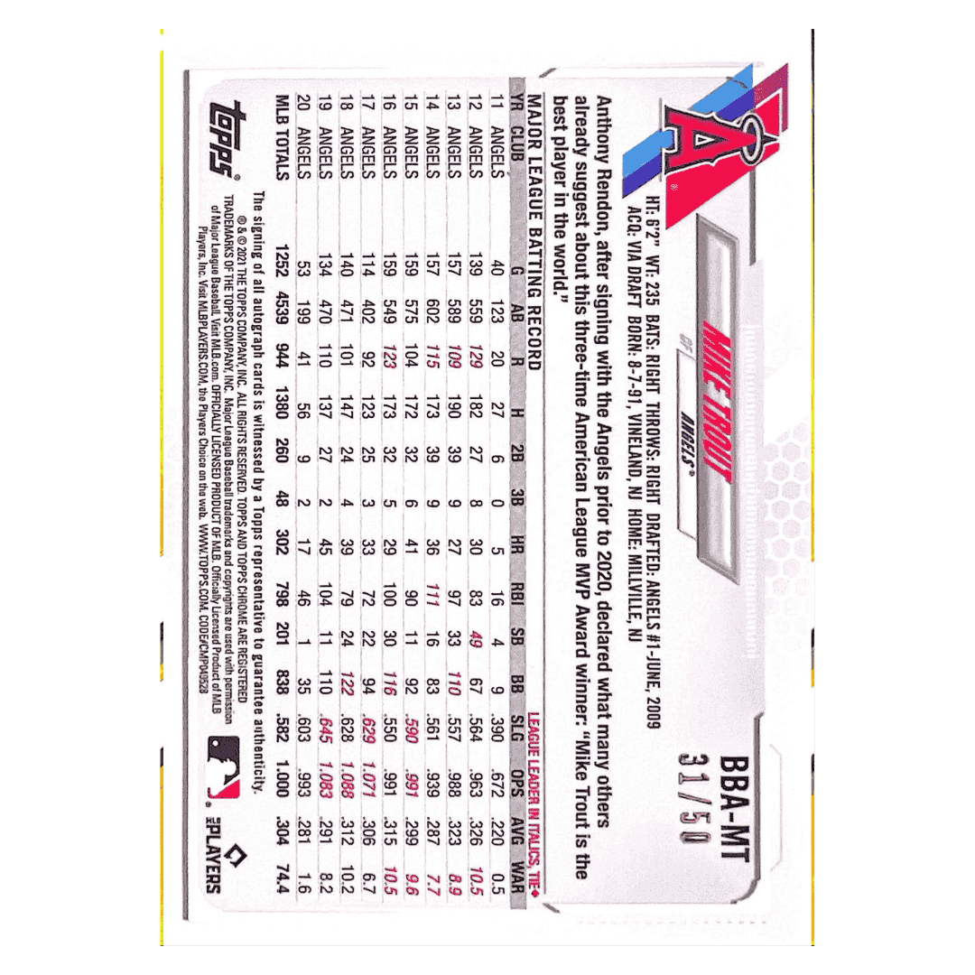 Mike Trout 2021 Topps Chrome Ben Baller Edition Gold Refractor Auto #d/50 Card #BBA-MT