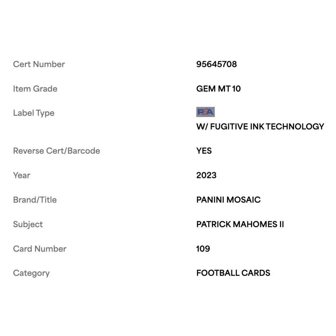 Patrick Mahomes PSA 10 2023 Panini Mosaic Card #109