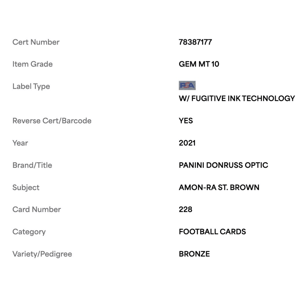 Amon-Ra St Brown PSA 10 2021 Panini Donruss Optic Bronze Rated Rookie Card #228