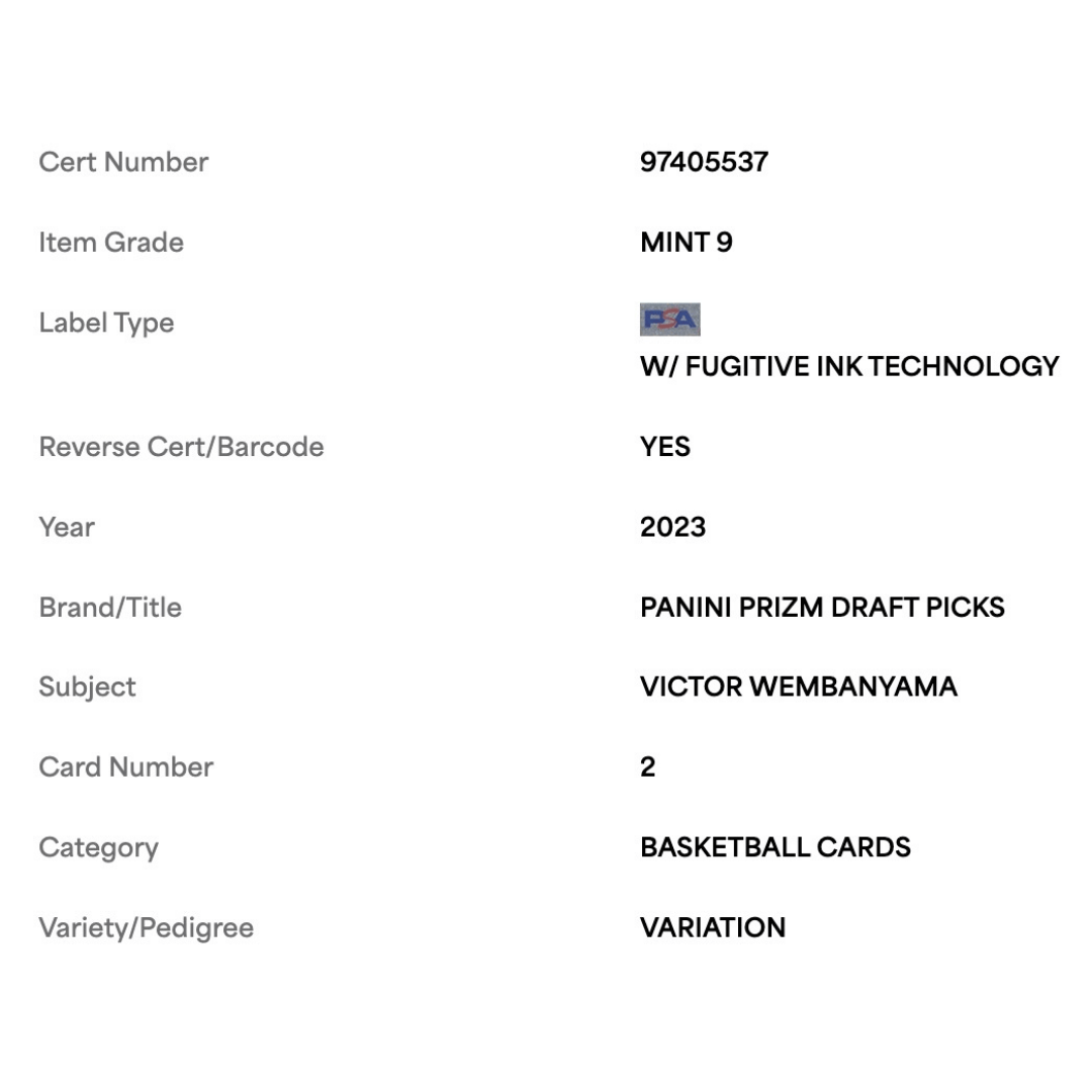 Victor Wembanyama PSA 9 2023 Panini Prizm Draft Picks Variation Card #2