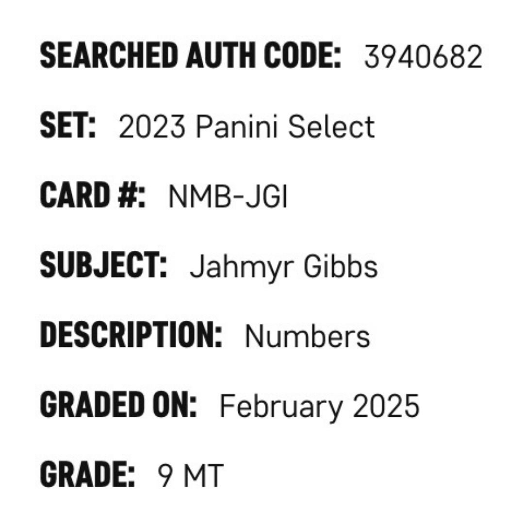 Jahmyr Gibbs PSA 9 2023 Panini Select Numbers Rookie RC Card #NMB-JGI
