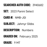 Jahmyr Gibbs PSA 9 2023 Panini Select Numbers Rookie RC Card #NMB-JGI