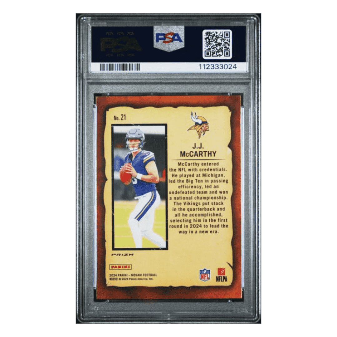 J.J. McCarthy PSA 10 2024 Panini Mosaic Notoriety Mosaic Rookie Card #21