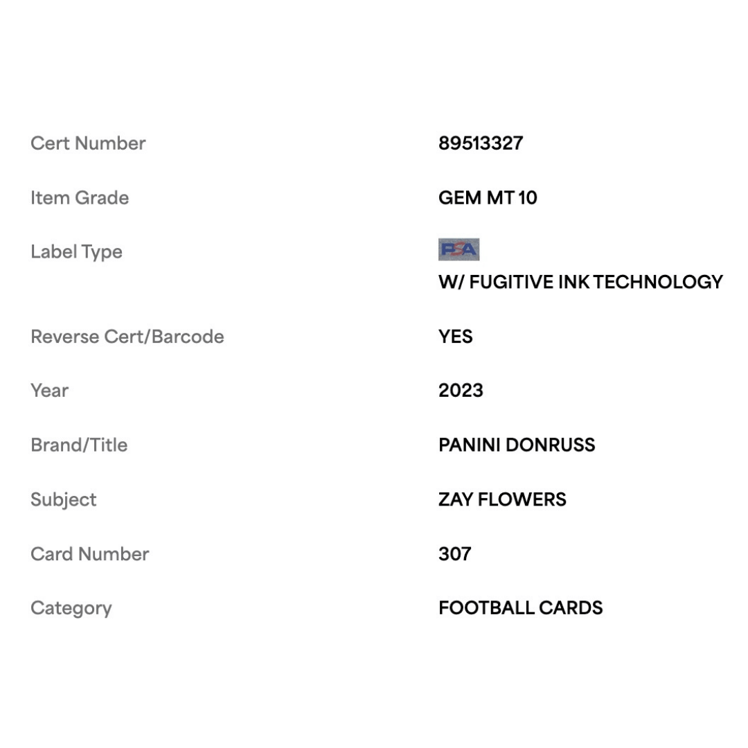 Zay Flowers PSA 10 2023 Panini Donruss Rated Rookie Card #307