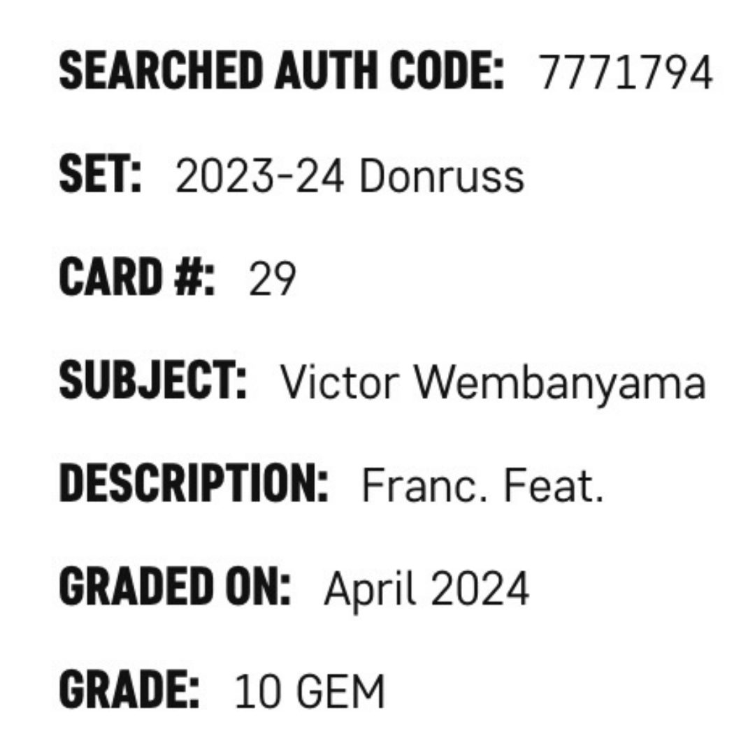 Victor Wembanyama SGC 10 2023-24 Panini Donruss Franchise Features Card #29