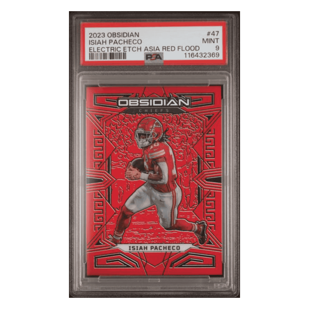 Isiah Pacheco PSA 9 2023 Panini Obsidian Electric Etch Asia Red Flood #d /90 Card #47