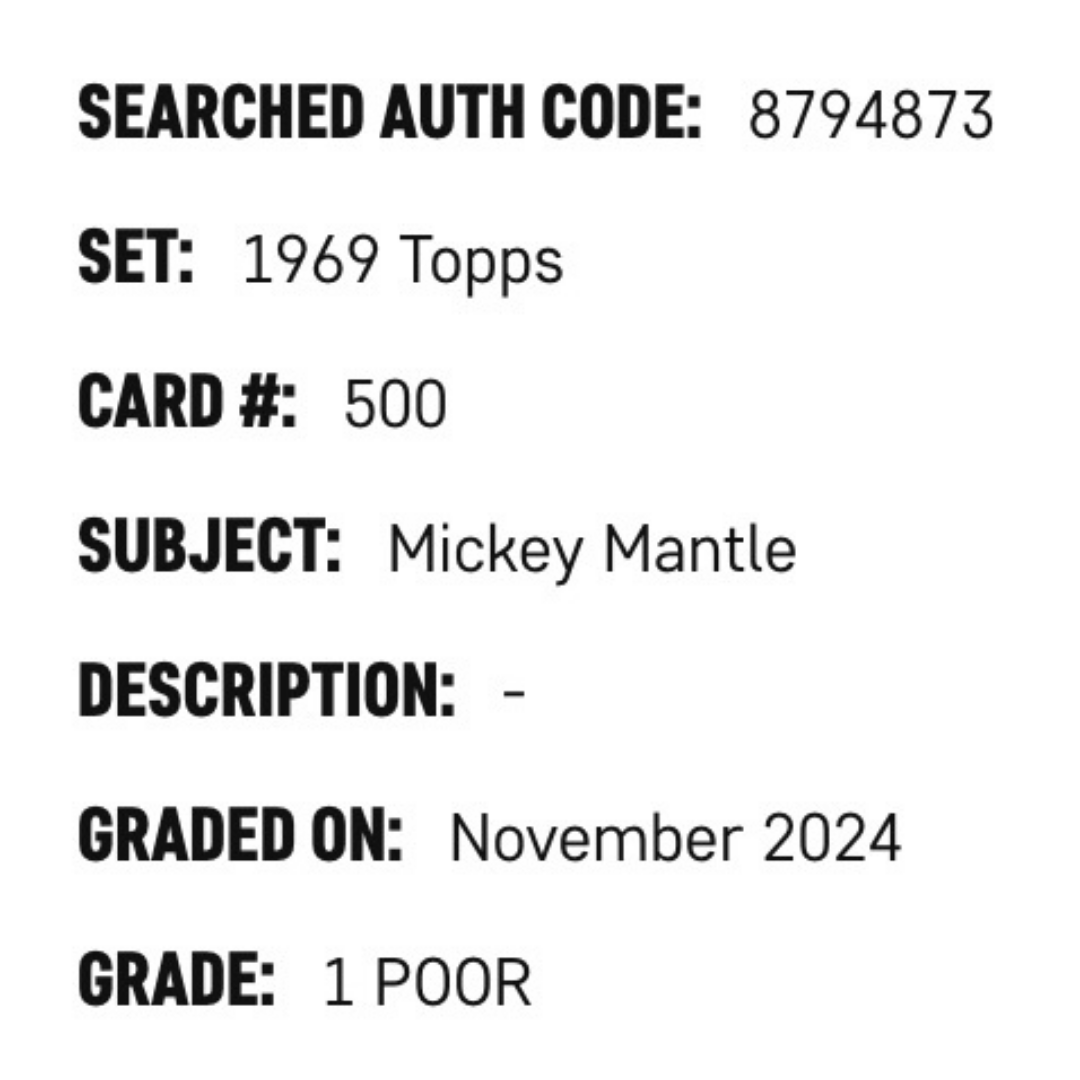 Mickey Mantle SGC 1 1969 Topps Card #500