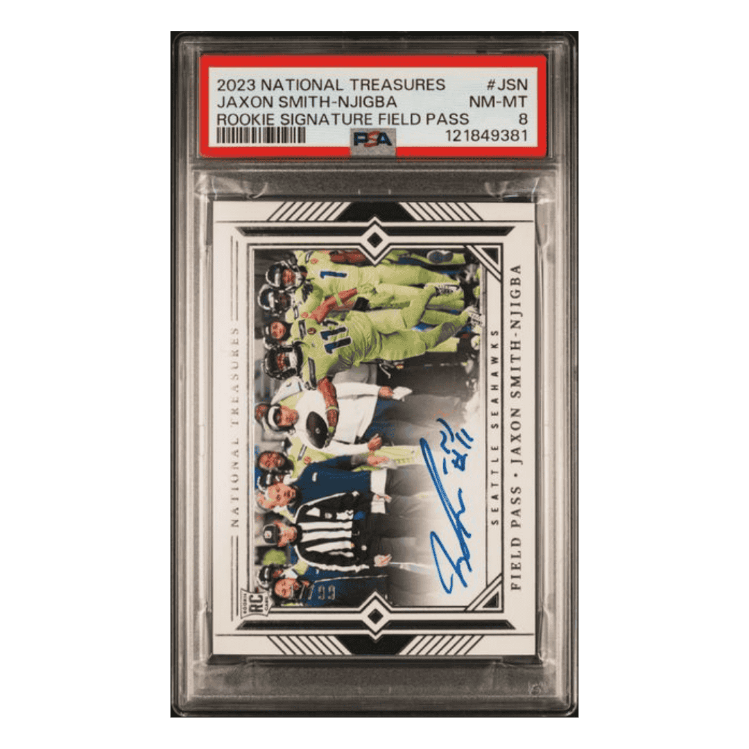 Jaxon Smith-Njigba PSA 8 2023 Panini National Treasures Rookie Signature Field Pass #d/99 Card #JSN