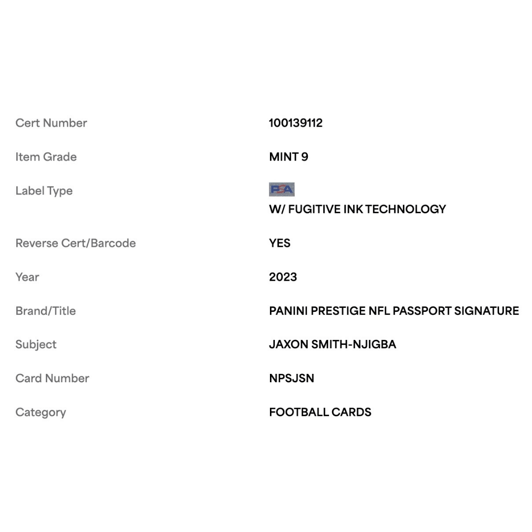 Jaxon Smith-Njigba PSA 9 2023 Panini Prestige NFL Passport Signature Card #NPSJSN