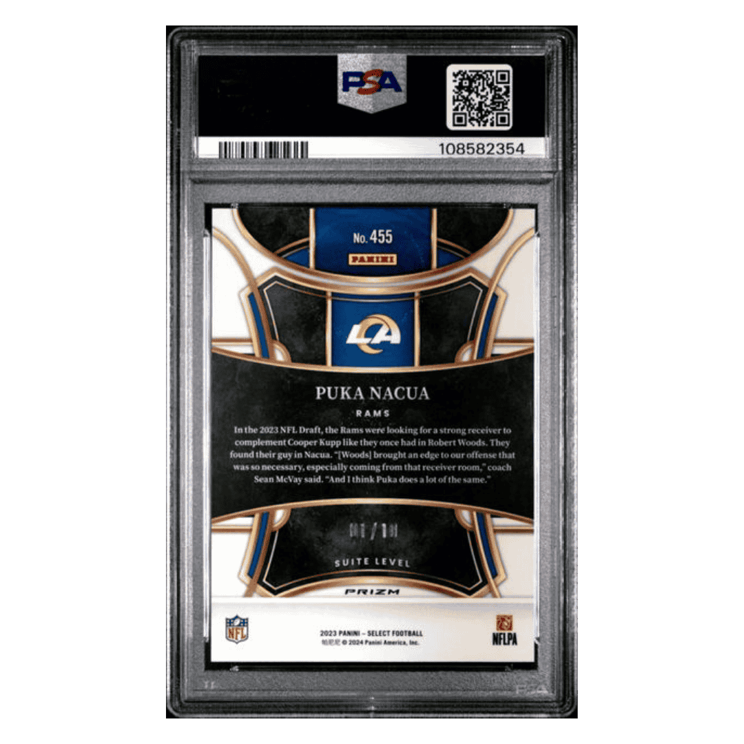 Puka Nacua PSA 10 2023 Panini Select Gold Prizm Rookie RC #d/10 Card #455