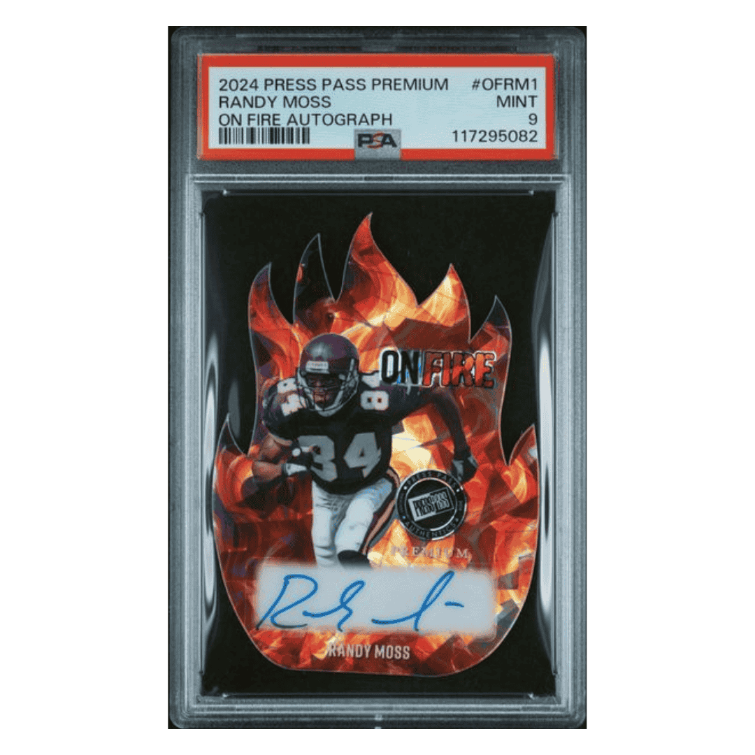 Randy Moss PSA 9 2024 Leaf Press Pass Premium On Fire Autographs #10/10 Card #OFRM1