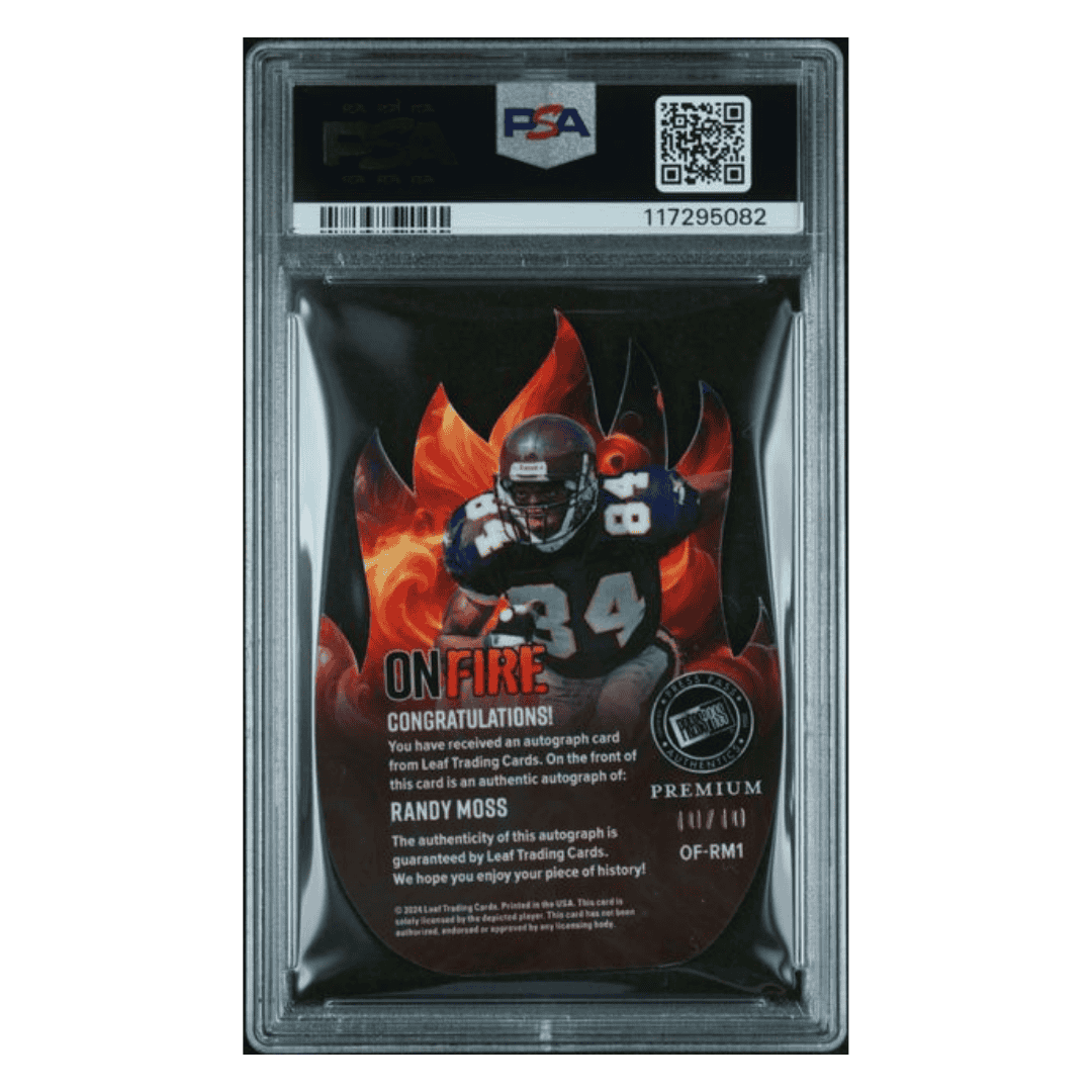 Randy Moss PSA 9 2024 Leaf Press Pass Premium On Fire Autographs #10/10 Card #OFRM1