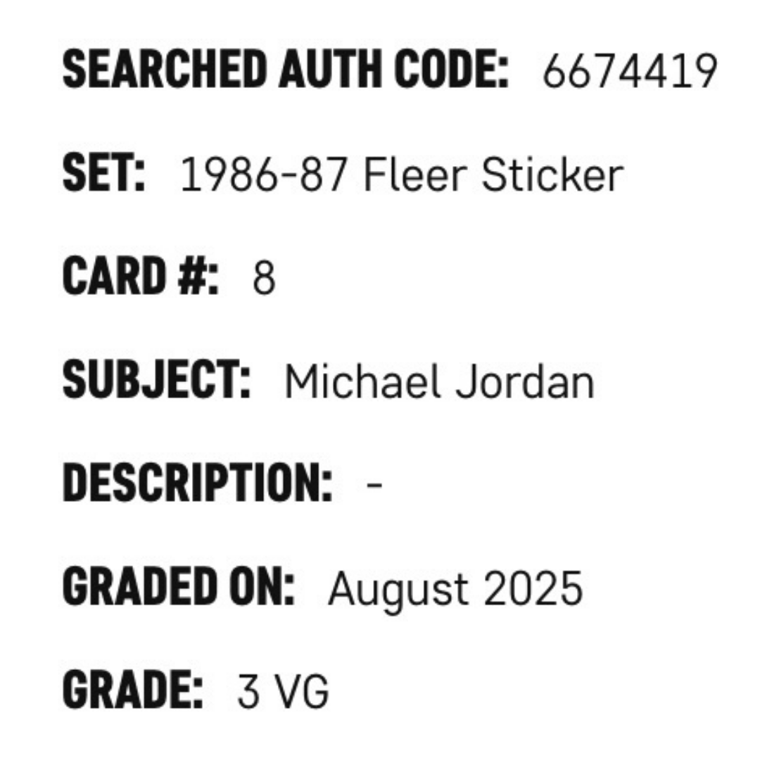 Michael Jordan SGC 3 1986-87 Fleer Sticker Card #8