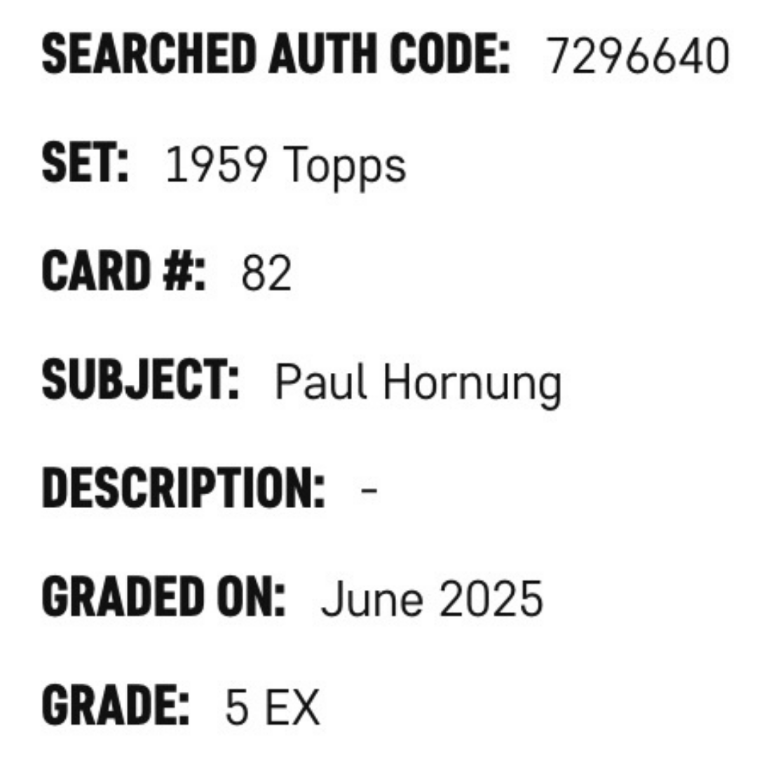 Paul Hornung SGC 5 1959 Topps Card #82