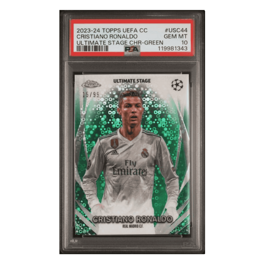 Christiano Ronaldo PSA 10 2023-24 Topps UEFA Club Competitions Ultimate Stage Chrome Green #d/ 99 Card #USC44