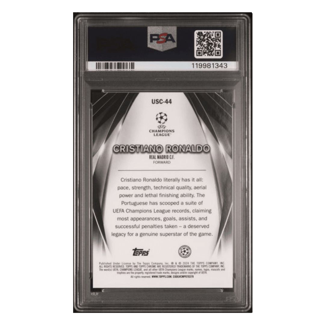 Christiano Ronaldo PSA 10 2023-24 Topps UEFA Club Competitions Ultimate Stage Chrome Green #d/ 99 Card #USC44