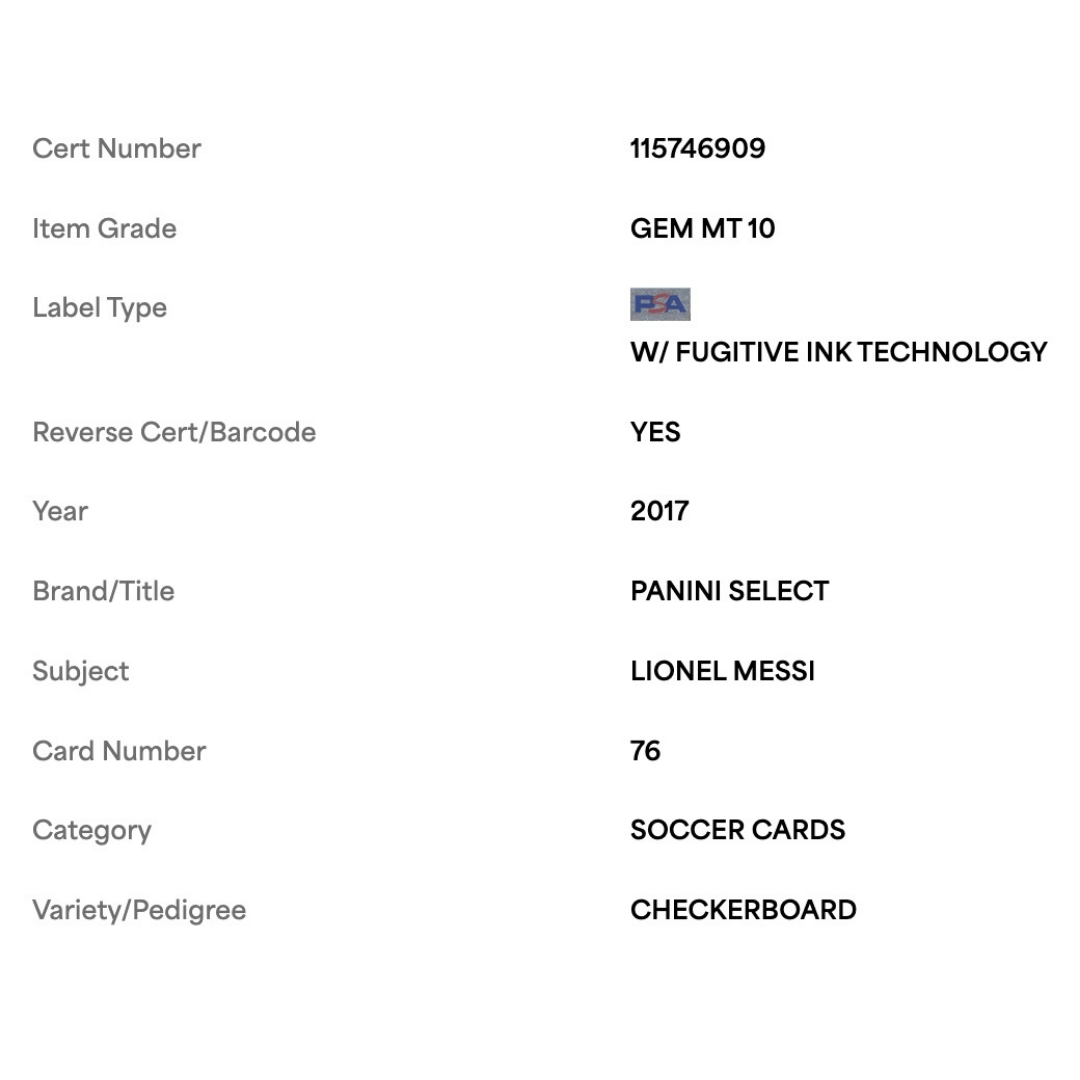 Lionel Messi PSA 10 2017 Panini Select Checkboard Card #76