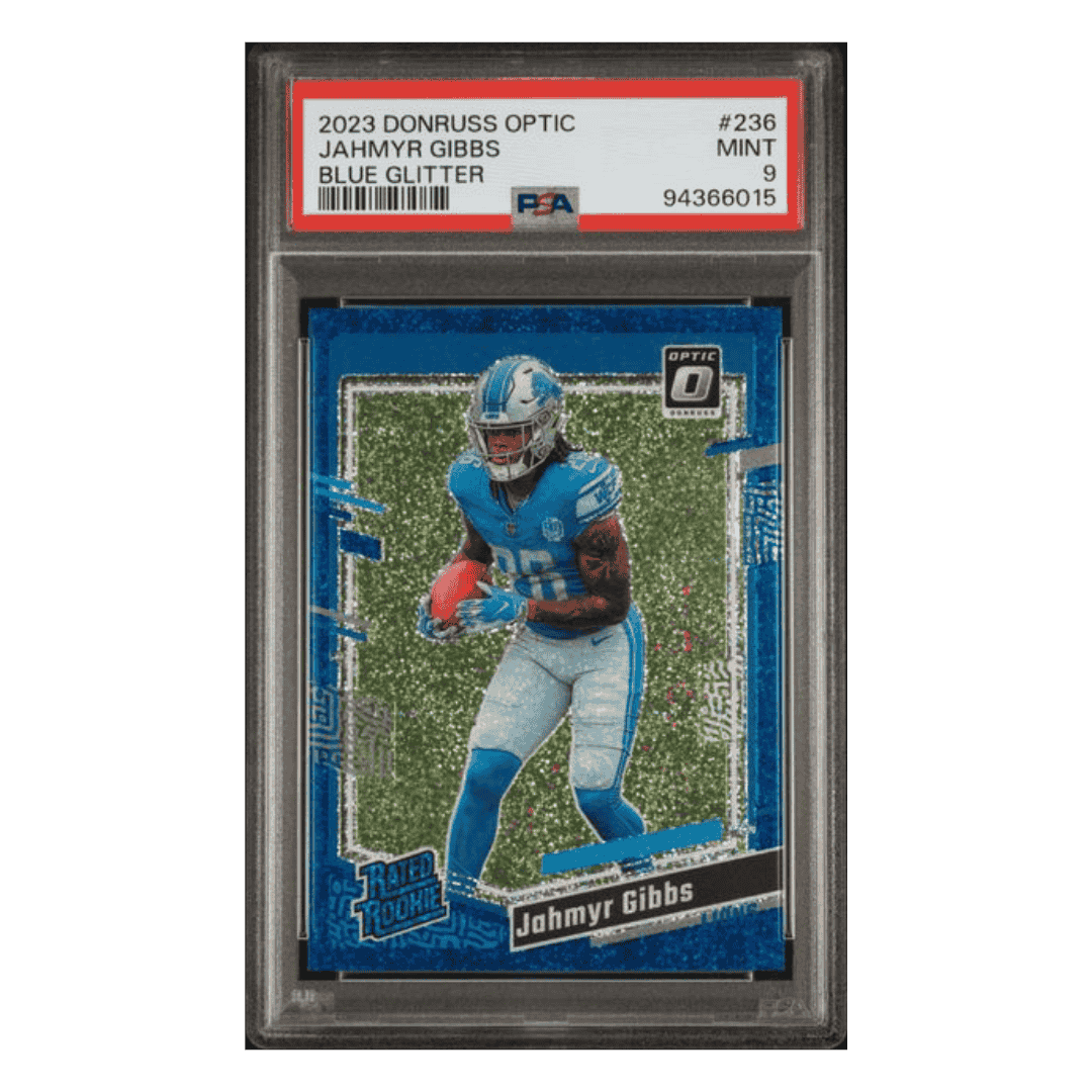 Jahmyr Gibbs PSA 9 2023 Panini Donruss Optic Blue Glitter Rated Rookie Card #236