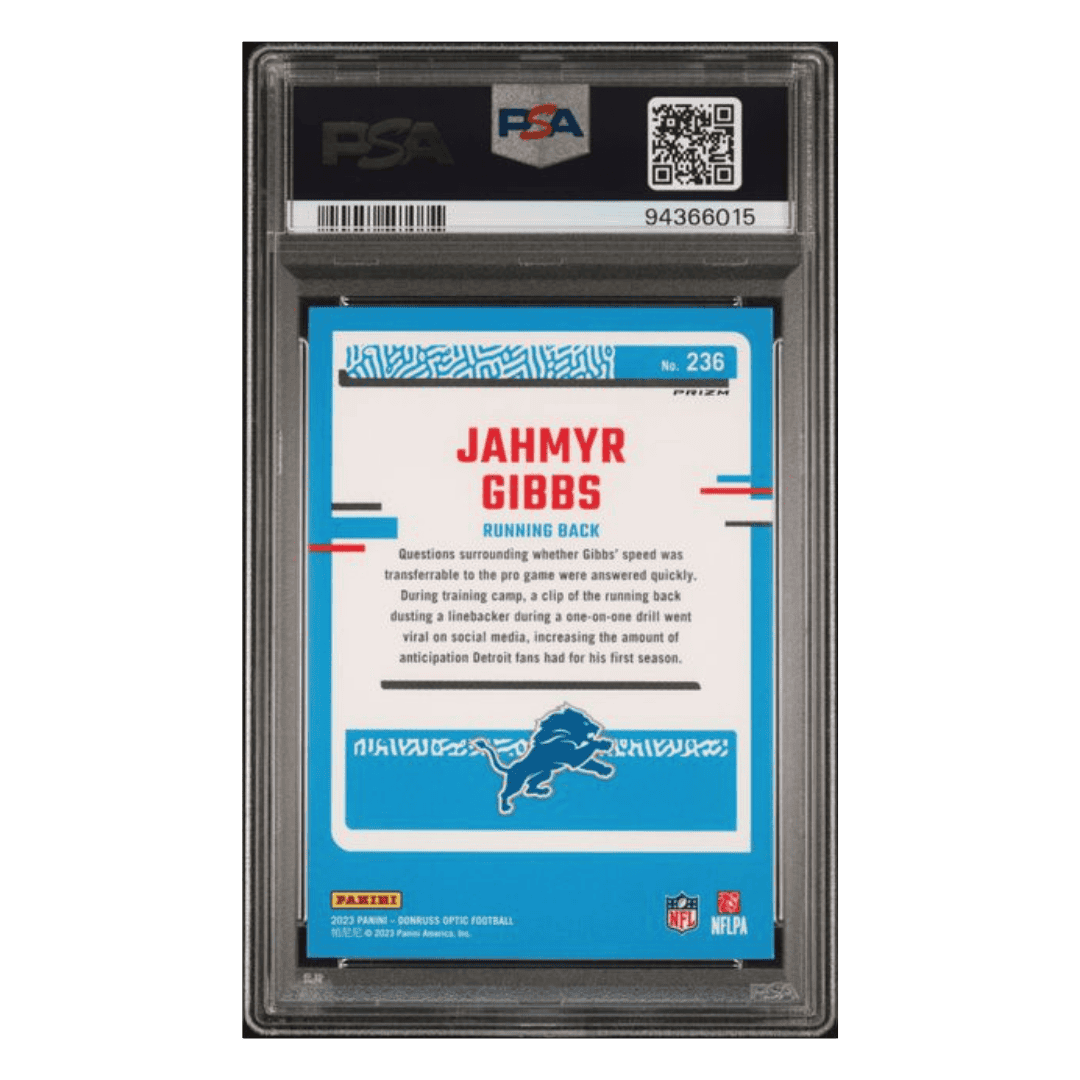 Jahmyr Gibbs PSA 9 2023 Panini Donruss Optic Blue Glitter Rated Rookie Card #236