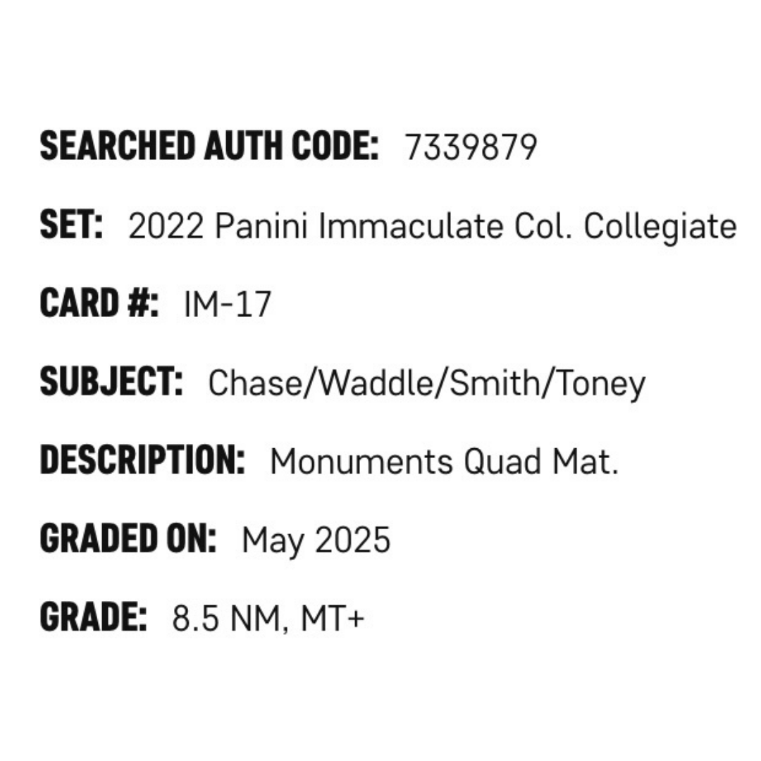 Ja'Marr Chase, Jaylen Waddle, Devonta Smith, Kadarius Toney SGC 8.5 2022 Panini Immaculate Collection Collegiate Monuments Quad Materials #d/ 99 Card #IM-17
