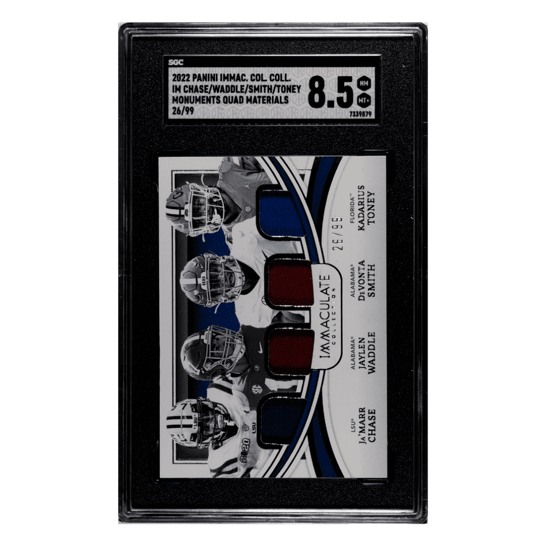 Ja'Marr Chase, Jaylen Waddle, Devonta Smith, Kadarius Toney SGC 8.5 2022 Panini Immaculate Collection Collegiate Monuments Quad Materials #d/ 99 Card #IM-17