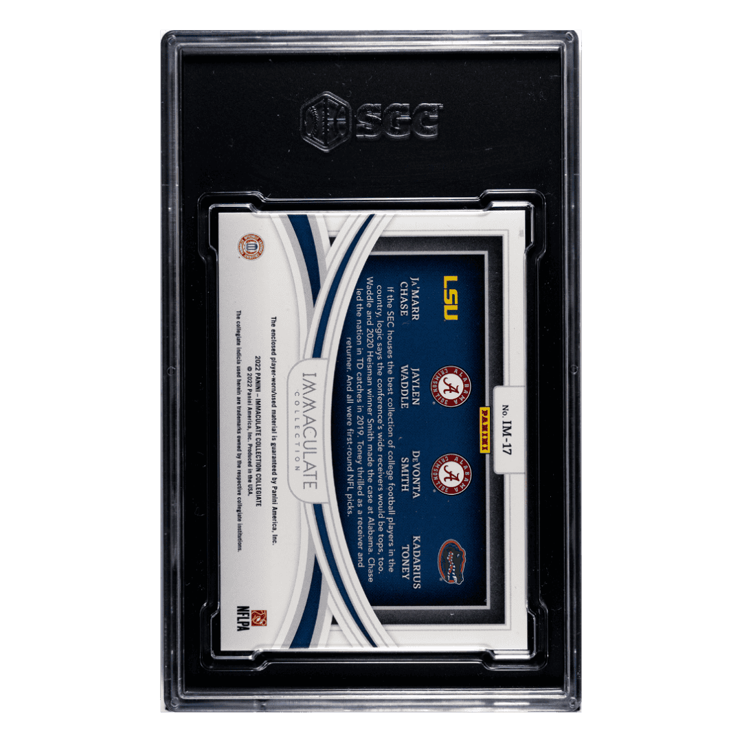 Ja'Marr Chase, Jaylen Waddle, Devonta Smith, Kadarius Toney SGC 8.5 2022 Panini Immaculate Collection Collegiate Monuments Quad Materials #d/ 99 Card #IM-17